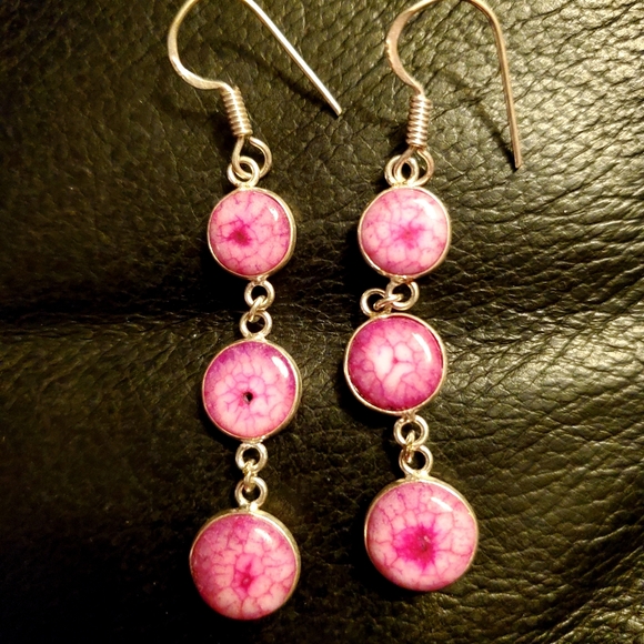 New 3 Pink Solar Quartz Agate Drop Silver Earrings. - Picture 6 of 11
